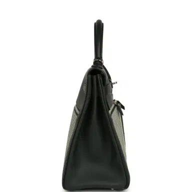 HERMÈS Hermes Kelly Lakis 35 Vert Anglais Swift, Toile Riga Palladium Hardware | Thumbnail 3 HERMÈS Hermes Kelly Lakis 35 Vert Anglais Swift, Toile Riga Palladium Hardware | Thumbnail 3