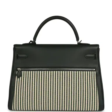 HERMÈS Hermes Kelly Lakis 35 Vert Anglais Swift, Toile Riga Palladium Hardware | Thumbnail 4 HERMÈS Hermes Kelly Lakis 35 Vert Anglais Swift, Toile Riga Palladium Hardware | Thumbnail 4