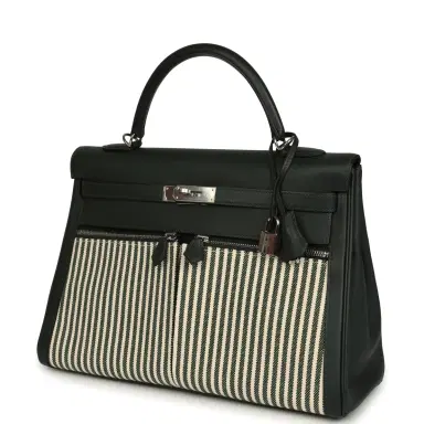 HERMÈS Hermes Kelly Lakis 35 Vert Anglais Swift, Toile Riga Palladium Hardware | Thumbnail 5 HERMÈS Hermes Kelly Lakis 35 Vert Anglais Swift, Toile Riga Palladium Hardware | Thumbnail 5