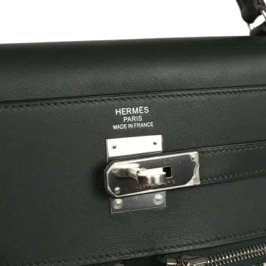 HERMÈS Hermes Kelly Lakis 35 Vert Anglais Swift, Toile Riga Palladium Hardware | Thumbnail 9 HERMÈS Hermes Kelly Lakis 35 Vert Anglais Swift, Toile Riga Palladium Hardware | Thumbnail 9