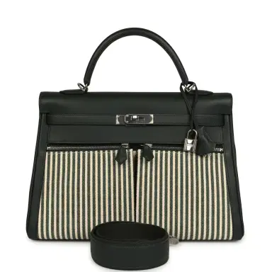HERMÈS Hermes Kelly Lakis 35 Vert Anglais Swift, Toile Riga Palladium Hardware | Thumbnail 1 HERMÈS Hermes Kelly Lakis 35 Vert Anglais Swift, Toile Riga Palladium Hardware | Thumbnail 1