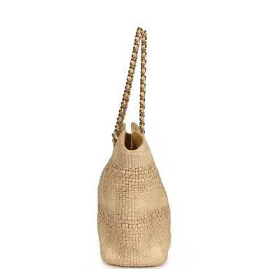 Chanel Pre-owned Chanel Small Shopping Bag Beige Braided Raffia Light Gold Hardware | Thumbnail 3 Chanel Pre-owned Chanel Small Shopping Bag Beige Braided Raffia Light Gold Hardware | Thumbnail 3