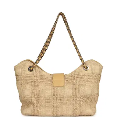 Chanel Pre-owned Chanel Small Shopping Bag Beige Braided Raffia Light Gold Hardware | Thumbnail 4 Chanel Pre-owned Chanel Small Shopping Bag Beige Braided Raffia Light Gold Hardware | Thumbnail 4