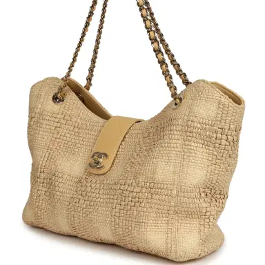 Chanel Pre-owned Chanel Small Shopping Bag Beige Braided Raffia Light Gold Hardware | Thumbnail 5 Chanel Pre-owned Chanel Small Shopping Bag Beige Braided Raffia Light Gold Hardware | Thumbnail 5