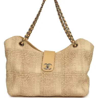 Chanel Pre-owned Chanel Small Shopping Bag Beige Braided Raffia Light Gold Hardware | Thumbnail 1 Chanel Pre-owned Chanel Small Shopping Bag Beige Braided Raffia Light Gold Hardware | Thumbnail 1