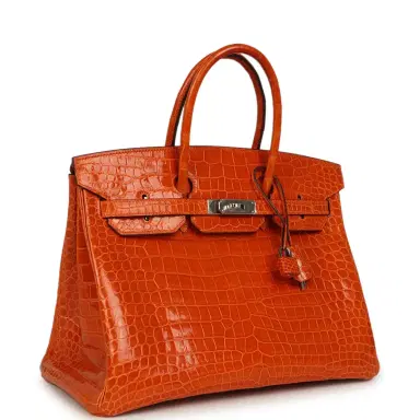 HERMÈS Pre-owned Hermes Birkin 35 Orange Shiny Porosus Crocodile Palladium Hardware | Thumbnail 2 HERMÈS Pre-owned Hermes Birkin 35 Orange Shiny Porosus Crocodile Palladium Hardware | Thumbnail 2
