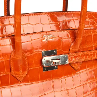 HERMÈS Pre-owned Hermes Birkin 35 Orange Shiny Porosus Crocodile Palladium Hardware | Thumbnail 7 HERMÈS Pre-owned Hermes Birkin 35 Orange Shiny Porosus Crocodile Palladium Hardware | Thumbnail 7