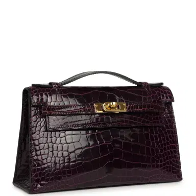 HERMÈS Pre-owned Hermes Kelly Pochette Aubergine Shiny Alligator Mississippiensis Gold Hardware | Thumbnail 2 HERMÈS Pre-owned Hermes Kelly Pochette Aubergine Shiny Alligator Mississippiensis Gold Hardware | Thumbnail 2
