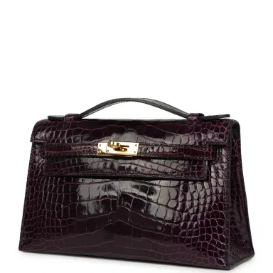 HERMÈS Pre-owned Hermes Kelly Pochette Aubergine Shiny Alligator Mississippiensis Gold Hardware | Thumbnail 5 HERMÈS Pre-owned Hermes Kelly Pochette Aubergine Shiny Alligator Mississippiensis Gold Hardware | Thumbnail 5