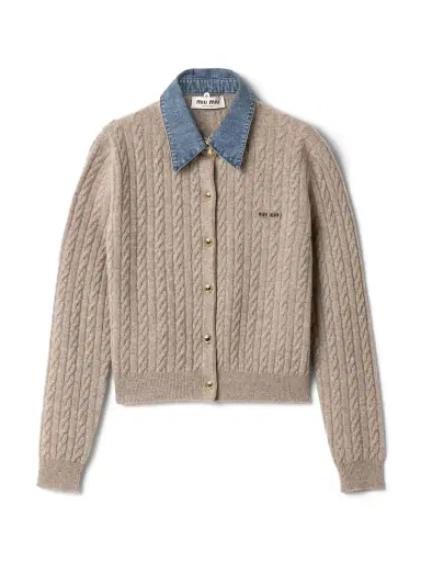 Miu Miu Wool-Cashmere Cardigan with Denim Collar | Thumbnail 1 Miu Miu Wool-Cashmere Cardigan with Denim Collar | Thumbnail 1