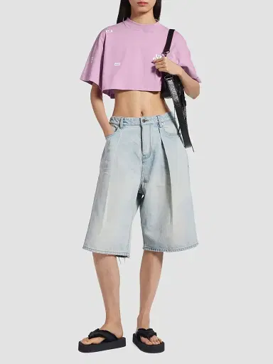 Balenciaga Women's Stickers Cropped T-Shirt - Old Pink White | Thumbnail 2 Balenciaga Women's Stickers Cropped T-Shirt - Old Pink White | Thumbnail 2