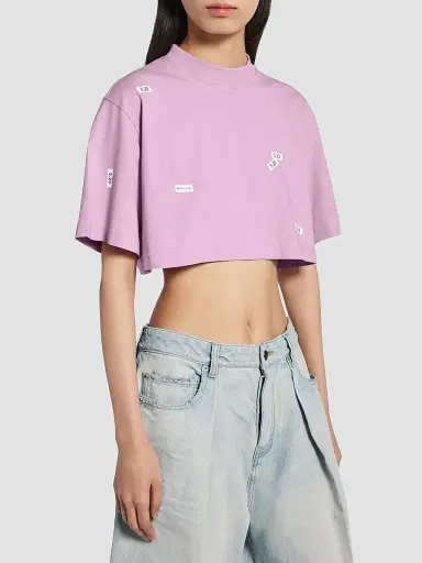 Balenciaga Women's Stickers Cropped T-Shirt - Old Pink White | Thumbnail 3 Balenciaga Women's Stickers Cropped T-Shirt - Old Pink White | Thumbnail 3
