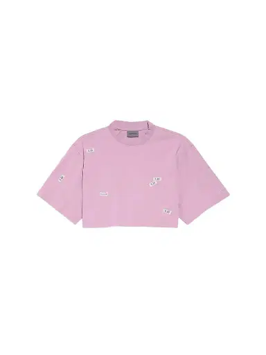 Balenciaga Women's Stickers Cropped T-Shirt - Old Pink White | Thumbnail 1 Balenciaga Women's Stickers Cropped T-Shirt - Old Pink White | Thumbnail 1