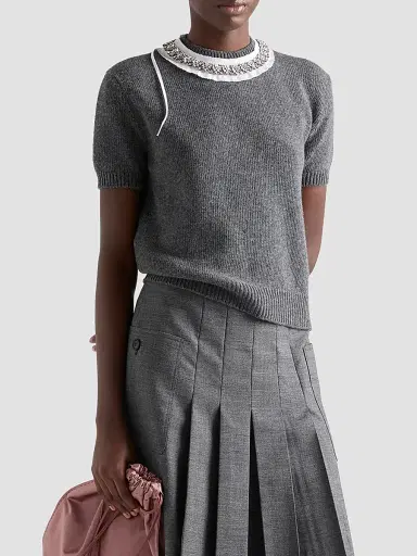 Prada Women's Short-Sleeved Wool and Cashmere Sweater - Grey | Thumbnail 3 Prada Women's Short-Sleeved Wool and Cashmere Sweater - Grey | Thumbnail 3