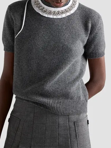 Prada Women's Short-Sleeved Wool and Cashmere Sweater - Grey | Thumbnail 6 Prada Women's Short-Sleeved Wool and Cashmere Sweater - Grey | Thumbnail 6