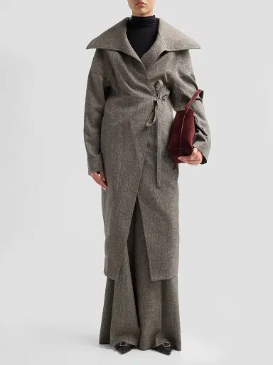 Rick Owens Women's Dracucollar Belted Wool Coat - Grey Melange | Thumbnail 2 Rick Owens Women's Dracucollar Belted Wool Coat - Grey Melange | Thumbnail 2