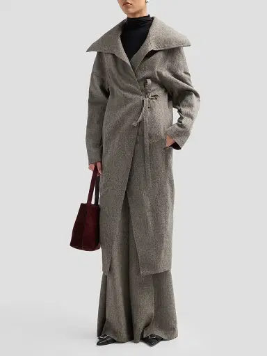 Rick Owens Women's Dracucollar Belted Wool Coat - Grey Melange | Thumbnail 4 Rick Owens Women's Dracucollar Belted Wool Coat - Grey Melange | Thumbnail 4