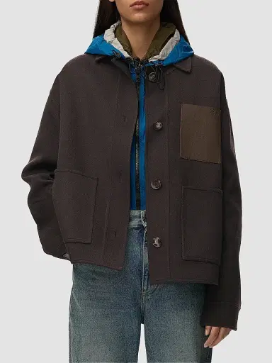 LOEWE Women's Collared Wool-Cashmere Workwear Jacket - Brown Grey | Thumbnail 4 LOEWE Women's Collared Wool-Cashmere Workwear Jacket - Brown Grey | Thumbnail 4