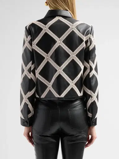 Cinq à Sept Women's Audree Crochet-Trim Faux Leather Jacket - Black Gardenia | Thumbnail 3 Cinq à Sept Women's Audree Crochet-Trim Faux Leather Jacket - Black Gardenia | Thumbnail 3
