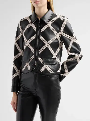 Cinq à Sept Women's Audree Crochet-Trim Faux Leather Jacket - Black Gardenia | Thumbnail 4 Cinq à Sept Women's Audree Crochet-Trim Faux Leather Jacket - Black Gardenia | Thumbnail 4