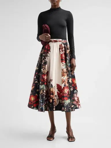 Alice + Olivia Women's Chara Turtleneck Floral Flare Skirt Midi Dress - Floral Radiance | Thumbnail 2 Alice + Olivia Women's Chara Turtleneck Floral Flare Skirt Midi Dress - Floral Radiance | Thumbnail 2