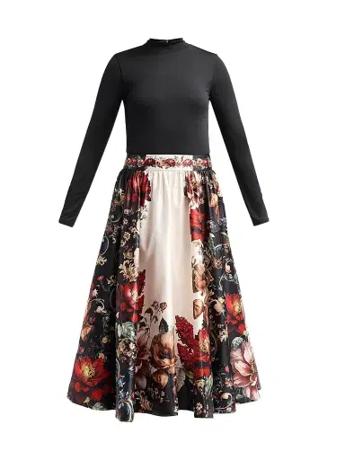 Alice + Olivia Women's Chara Turtleneck Floral Flare Skirt Midi Dress - Floral Radiance | Thumbnail 1 Alice + Olivia Women's Chara Turtleneck Floral Flare Skirt Midi Dress - Floral Radiance | Thumbnail 1