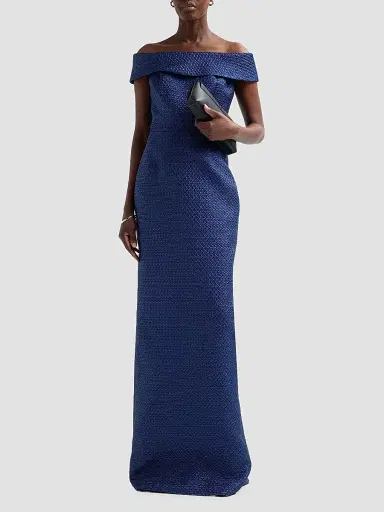 Teri Jon by Rickie Freeman Women's Basket Weave Jacquard Off-the-Shoulder Column Gown | Thumbnail 2 Teri Jon by Rickie Freeman Women's Basket Weave Jacquard Off-the-Shoulder Column Gown | Thumbnail 2