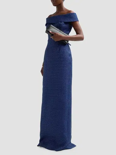 Teri Jon by Rickie Freeman Women's Basket Weave Jacquard Off-the-Shoulder Column Gown | Thumbnail 4 Teri Jon by Rickie Freeman Women's Basket Weave Jacquard Off-the-Shoulder Column Gown | Thumbnail 4