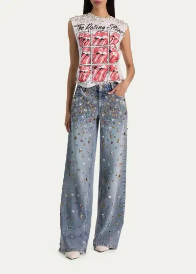 Alice + Olivia Amazing Embellished Mid-Rise Baggy Jeans | Thumbnail 2 Alice + Olivia Amazing Embellished Mid-Rise Baggy Jeans | Thumbnail 2