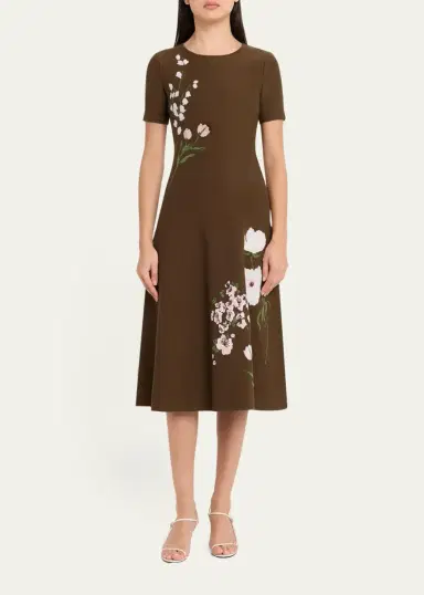 Oscar de la Renta Short-Sleeve Multi Floral Knit Midi Dress | Thumbnail 2 Oscar de la Renta Short-Sleeve Multi Floral Knit Midi Dress | Thumbnail 2