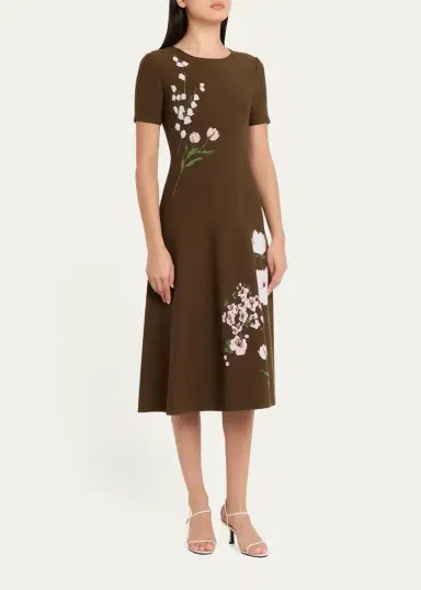 Oscar de la Renta Short-Sleeve Multi Floral Knit Midi Dress | Thumbnail 4 Oscar de la Renta Short-Sleeve Multi Floral Knit Midi Dress | Thumbnail 4