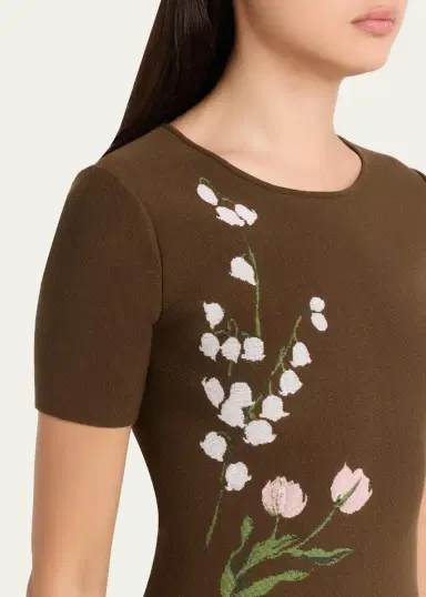 Oscar de la Renta Short-Sleeve Multi Floral Knit Midi Dress | Thumbnail 5 Oscar de la Renta Short-Sleeve Multi Floral Knit Midi Dress | Thumbnail 5