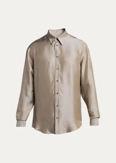 Giorgio Armani Men's Silk-Blend Micro-Chevron Button-Down Shirt | Thumbnail 2 Giorgio Armani Men's Silk-Blend Micro-Chevron Button-Down Shirt | Thumbnail 2