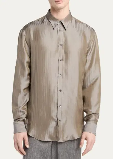 Giorgio Armani Men's Silk-Blend Micro-Chevron Button-Down Shirt | Thumbnail 5 Giorgio Armani Men's Silk-Blend Micro-Chevron Button-Down Shirt | Thumbnail 5