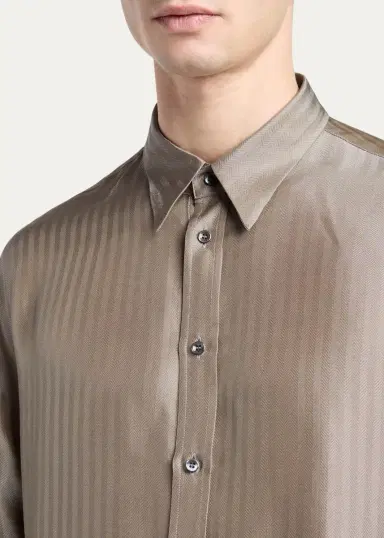 Giorgio Armani Men's Silk-Blend Micro-Chevron Button-Down Shirt | Thumbnail 6 Giorgio Armani Men's Silk-Blend Micro-Chevron Button-Down Shirt | Thumbnail 6