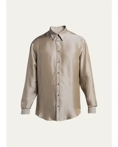 Giorgio Armani Men's Silk-Blend Micro-Chevron Button-Down Shirt | Thumbnail 1 Giorgio Armani Men's Silk-Blend Micro-Chevron Button-Down Shirt | Thumbnail 1