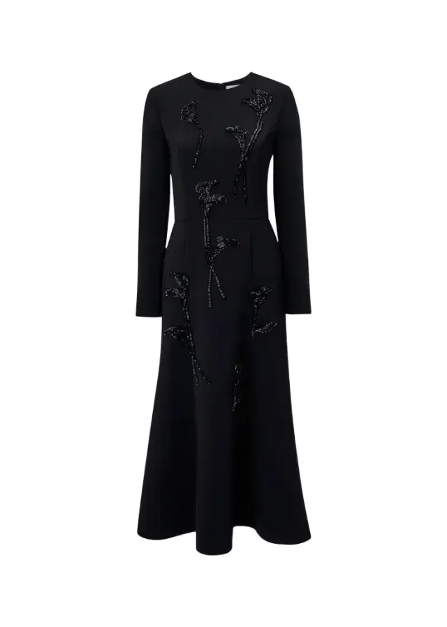 Floral Embellished Long-Sleeve Midi Trumpet Dress Floral Embellished Long-Sleeve Midi Trumpet Dress