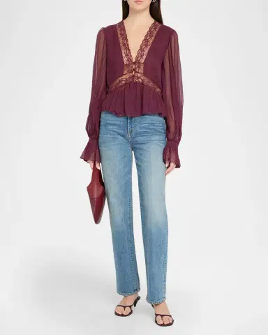 LoveShackFancy Thessira Lace-Trim Chiffon Blouse | Thumbnail 2 LoveShackFancy Thessira Lace-Trim Chiffon Blouse | Thumbnail 2