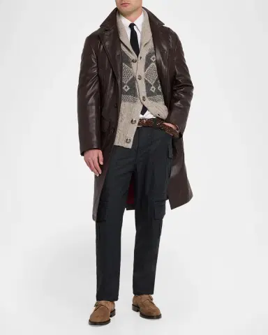Brunello Cucinelli Men's Napa Leather Overcoat with Thermore Padding | Thumbnail 2 Brunello Cucinelli Men's Napa Leather Overcoat with Thermore Padding | Thumbnail 2