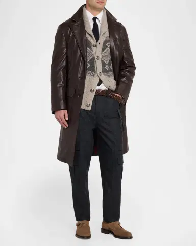 Brunello Cucinelli Men's Napa Leather Overcoat with Thermore Padding | Thumbnail 4 Brunello Cucinelli Men's Napa Leather Overcoat with Thermore Padding | Thumbnail 4