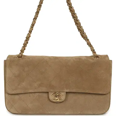Chanel Chanel Maxi "Souplissimo" Small Flap Bag Dark Beige Suede Gold Hardware | Thumbnail 1 Chanel Chanel Maxi "Souplissimo" Small Flap Bag Dark Beige Suede Gold Hardware | Thumbnail 1