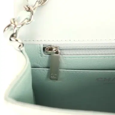 Chanel Chanel Mini Classic Square Flap Bag Light Blue Iridescent Calfskin Silver Hardware | Thumbnail 10 Chanel Chanel Mini Classic Square Flap Bag Light Blue Iridescent Calfskin Silver Hardware | Thumbnail 10