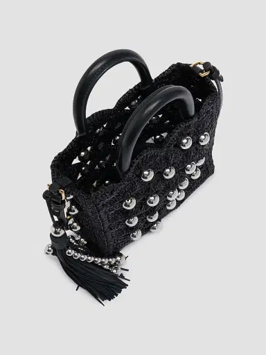 Rabanne Women's Embellished Raffia Top Handle Bag - Black Silver | Thumbnail 4 Rabanne Women's Embellished Raffia Top Handle Bag - Black Silver | Thumbnail 4