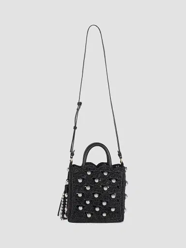 Rabanne Women's Embellished Raffia Top Handle Bag - Black Silver | Thumbnail 6 Rabanne Women's Embellished Raffia Top Handle Bag - Black Silver | Thumbnail 6