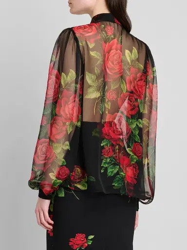 Dolce & Gabbana Women's Sheer Floral Silk Pussy-Bow Collar Blouse | Thumbnail 3 Dolce & Gabbana Women's Sheer Floral Silk Pussy-Bow Collar Blouse | Thumbnail 3