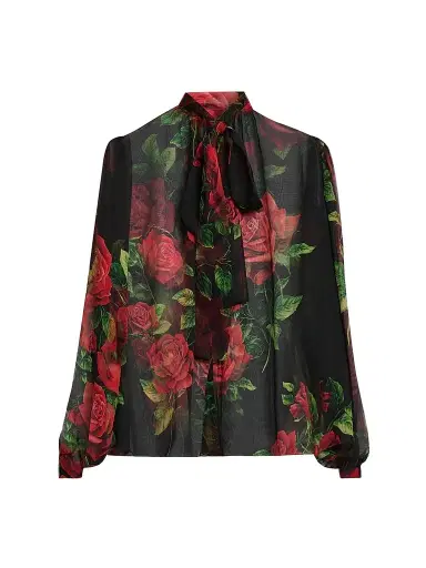 Dolce & Gabbana Women's Sheer Floral Silk Pussy-Bow Collar Blouse | Thumbnail 1 Dolce & Gabbana Women's Sheer Floral Silk Pussy-Bow Collar Blouse | Thumbnail 1