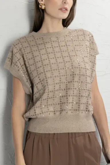 Brunello Cucinelli Dazzling Windowpane Embroidery Knit T-Shirt | Thumbnail 1 Brunello Cucinelli Dazzling Windowpane Embroidery Knit T-Shirt | Thumbnail 1