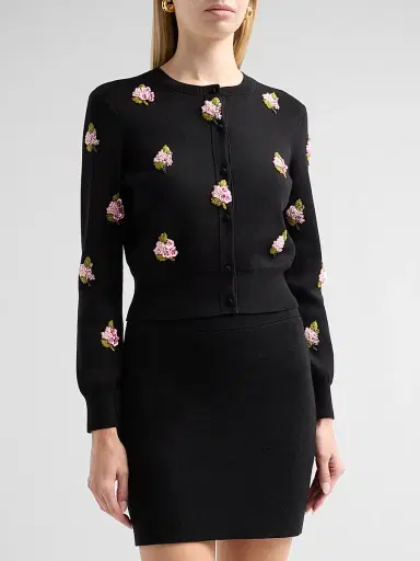 Carolina Herrera Women's Floral-Embroidered Silk-Cotton Cardigan - Black Multi | Thumbnail 4 Carolina Herrera Women's Floral-Embroidered Silk-Cotton Cardigan - Black Multi | Thumbnail 4