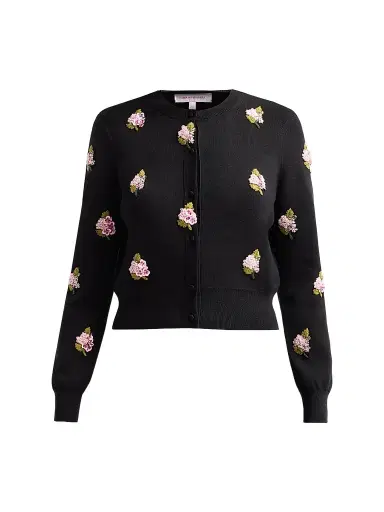 Carolina Herrera Women's Floral-Embroidered Silk-Cotton Cardigan - Black Multi | Thumbnail 1 Carolina Herrera Women's Floral-Embroidered Silk-Cotton Cardigan - Black Multi | Thumbnail 1