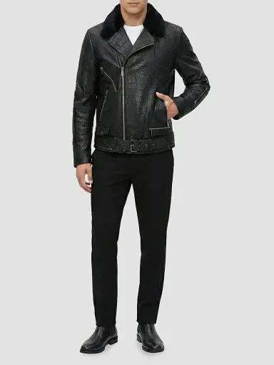 Gorski Men's Nappa Leather Croco Embossed Biker Jacket with Detachable Shearling Lamb Collar - Black | Thumbnail 2 Gorski Men's Nappa Leather Croco Embossed Biker Jacket with Detachable Shearling Lamb Collar - Black | Thumbnail 2
